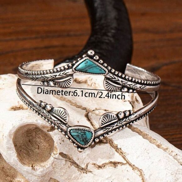 Natural Blue Turquoise Stone Decor Western Metal Cuff Bangle Bracelet - Picture 4 of 13
